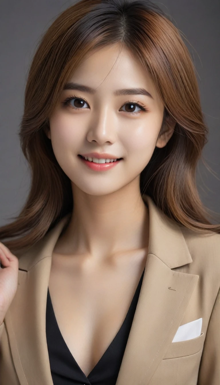 8k, ultra high resolution, best quality, masterpiece, 三分割法によるpicture,surreal, picture, 1 girl, (16 years old:1.3), Pretty Woman, Cute face, Beautiful Eyes in Every Detail, 細かくdetailedに,masterpiece,one girl:1.2, Japanese female announcer,tabletop、Light brown disheveled hair,Wearing a blazer uniform、sharp focus、Complete dynamic configuration、Beautiful and detailed、thin hair、Detailed, real skin texture、laugh、클로즈업 portrait、model body type,Looking at the audience、beauty,long neck、(((ideal body type))), one cup :2,、portrait:2、complete ???????、なdetailed、detailed、surreal、light and shadow,strong light