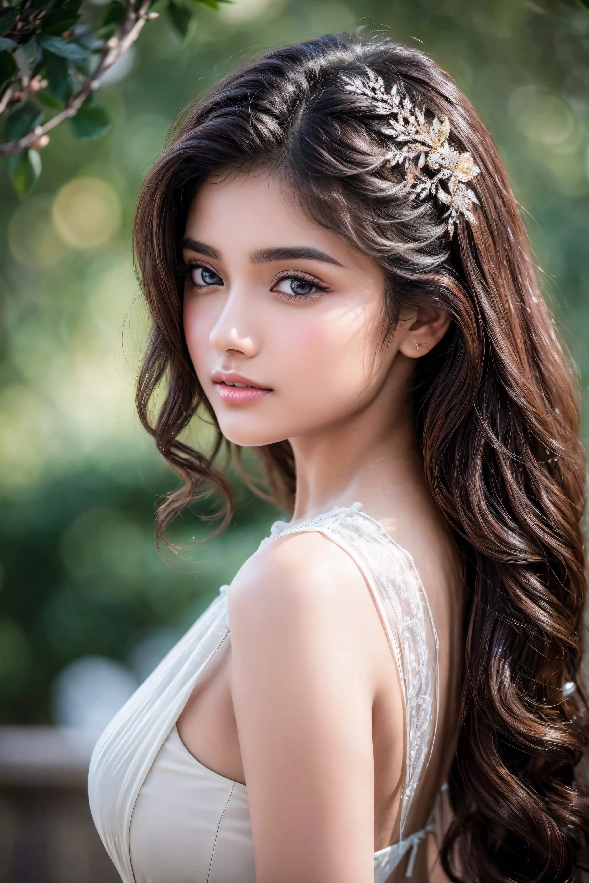 A breathtakingly beautiful 18-year-old girl named Anikha, who is the epitome of elegance and charm. She stands out as the central focus of this ultra-detailed, 8K resolution masterpiece with a perfect score of 9 and a UHD rating of 1.3. Her delicate facial features are captured with a stunning realism that's amplified by a majestic score of 1.5, making her appear as if she's stepped out of a high-definition dream. Her skin glows with a soft blush, perfectly accentuating her detailed, natural beauty. (the most absurd quality perfect eyes), (super beautiful cute sharp-face), (light pale complexion), (clear no blur and sharp perfect round realistic brown_eyes:1.35), finely detailed pupils, detailed lips:1.3, reflecting the cinematic lighting that surrounds her. They are so realistic and sharp that they seem to hold secrets of the universe within them. Her long shining hair are adorned with a hair ornament that adds an extra touch of elegance to her already flawless look. The background, a canvas of blurred perfection with a score of 1.7 for background blur, showcases an intricate  design that complements the overall aesthetic without overwhelming the main subject.
