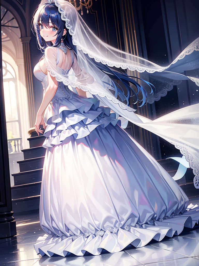 (one person)Wedding dress,bride,,Dress nicely,Shiny clothes,Lace on clothes,Clothes lace,Big Skirt,Lace,Standing posture,Facing forward,Smile,Gauze,Full Body Love,shawl,Color chrome,