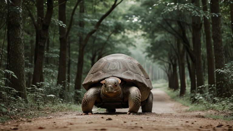 The tortoise moving step by step with a calm and focused expression. In deep forest