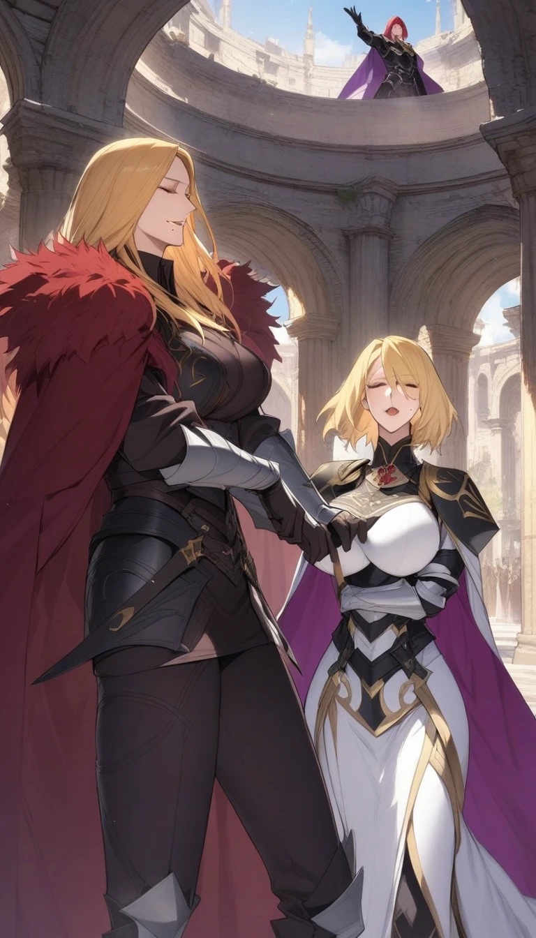 masterpiece, best quality, very aesthetic, absurdres, 1girl, mature_lady, ,1boy, tristan \(fate\), fate/grand order, long hair, red hair, closed eyes, blonde hair, armor, knights of the round table \(fate\), purple hair, short hair, cape, gloves,mole under mouth,Romanesque - Features thick walls, rounded arches, and massive pillars.,floating_clothes