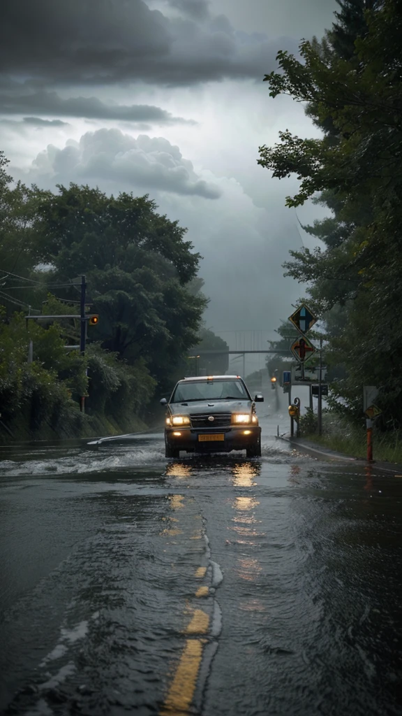 "Create an image that conveys a sense of suspense and imminent danger, showing flooding on a lane or highway during a thunderstorm. The scene must include a partially submerged road, with abandoned cars and murky, violent water covering the road. Use a dark, oppressive color palette, like shades of gray, dark blue and green, with touches of white and yellow to highlight the vehicle headlights and the submerged road markings. Add elements like torrential rain, fallen trees, and nearly submerged traffic signs to heighten the sense of chaos and urgency. The composition must be detailed and dynamic, with abstract patterns in the waves and rain to intensify the sense of movement and danger. The image should evoke a feeling of fear and suspense, capturing the relentless force of nature and the imminent danger of road flooding through a unique and impactful visual style."