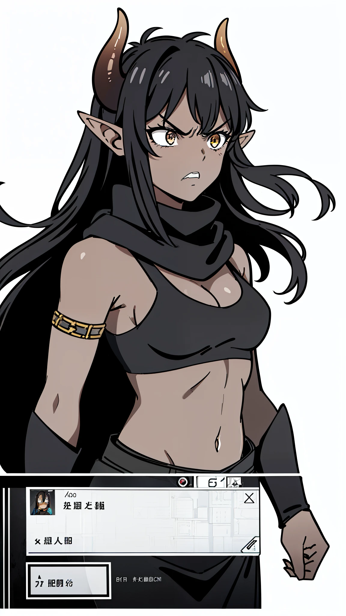 (1girl ,25s,adult,mature female),long hair, black hair,horns,elf ears,((black scarf)),cleavage,(((dark skin))),(black sports bra, midriff),(white background, line drawing),black sleeves,black shoulders, upper body,looking at view,((angry)),closed muth,((from front,pov))