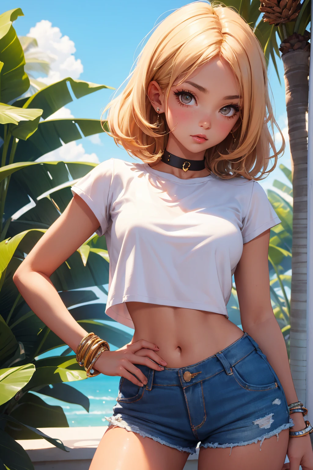 (((SHARP detail perfect face))), (flat chest), (nice hips), detailed skin, ((masterpiece)), best quality, (SHARP details), 4k, (((femboy))), (((farm))), loose (white tank top), ((blonde hair)), sweat, (trap), amber eyes, looking at viewer, (short hair), ((((bulge)) in (denim shorts)), (hay), smiling, open mouth, outdoors, solo, (asymmetric hair), ((farmboy)), freckles, tanned, (nice butt), stable, leather belt,