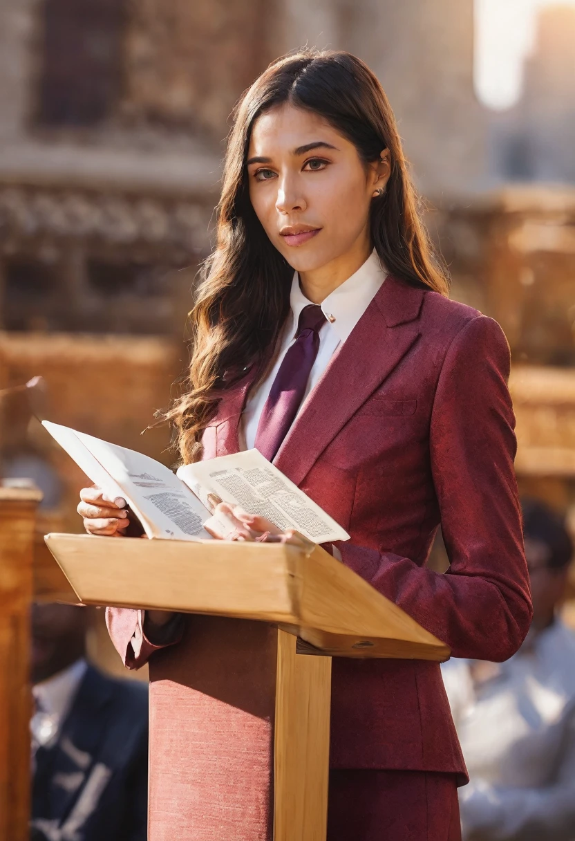 ((woman)), (30 year old), (long hair), (wearing reddish suit), (speech at a lectern), (bible on the pulpit), (modern protestant church background), (golden hour light), (photo realism), (hyper detailed), diffuse lighting, (Slightly blurred background with bokeh effect)