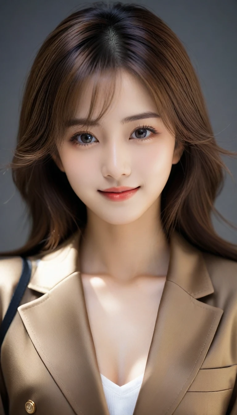 8K, Ultra-high resolution, Highest quality, masterpiece, 三分割法によるphotograph,Surreal, photograph, 1 Girl, (16 years old:1.3), pretty girl, Cute face, Beautiful eyes in every detail, 細かくdetailedに,masterpiece,One Girl:1.2, Japan Female Announcer,Tabletop、light brown disheveled hair,Wearing a blazer uniform、Sharp focus、Perfect dynamic composition、Beautiful and detailed、Thin Hair、Detailed real skin texture、smile、Close-up portrait、Model Body Type,Looking at the audience、beauty,Long neck、(((Ideal body type))),A cup small breasts :2,、Portraiture:2、Perfect Anatomy、なdetailed、detailed、Surreal、Light and shadow,Strong light