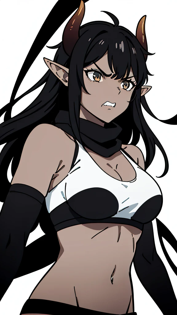 (1girl ,25s,adult,mature female),long hair, black hair,horns,elf ears,((black scarf)),cleavage,(((dark skin))),(black sports bra, midriff),(white background, line drawing),black sleeves,black shoulders, upper body,looking at view,((angry)),closed mouth,