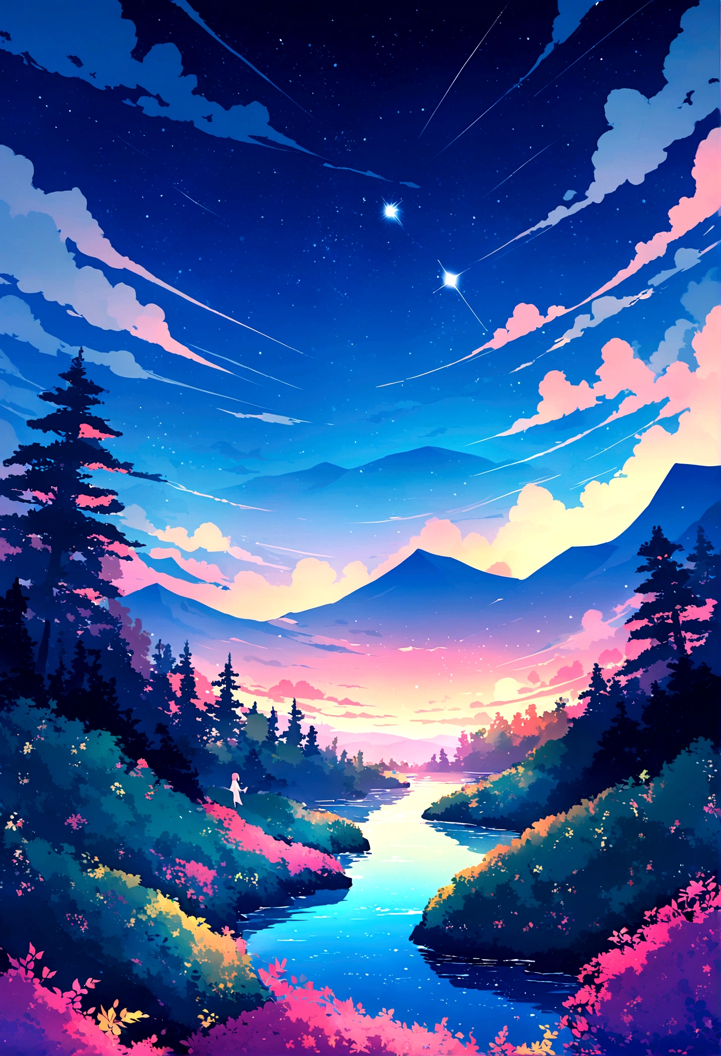 Wide sky: Show the vast night sky, Make sure stars and meteors take up most of the composition., Dynamic meteors: Capture the movement and energy of meteors in the sky, creating a sense of movement and wonder., idyllic setting: Consider adding tranquil landscaping, mountain in the distance々e águas calms, etc.., Aumenta a sensação de paz e tranquillity. Uma illustration de uma cena noturna, blue color sky #052034 and details of the scene in pink #C86361, tranquillity, calm, relaxation, paisaje, illustration