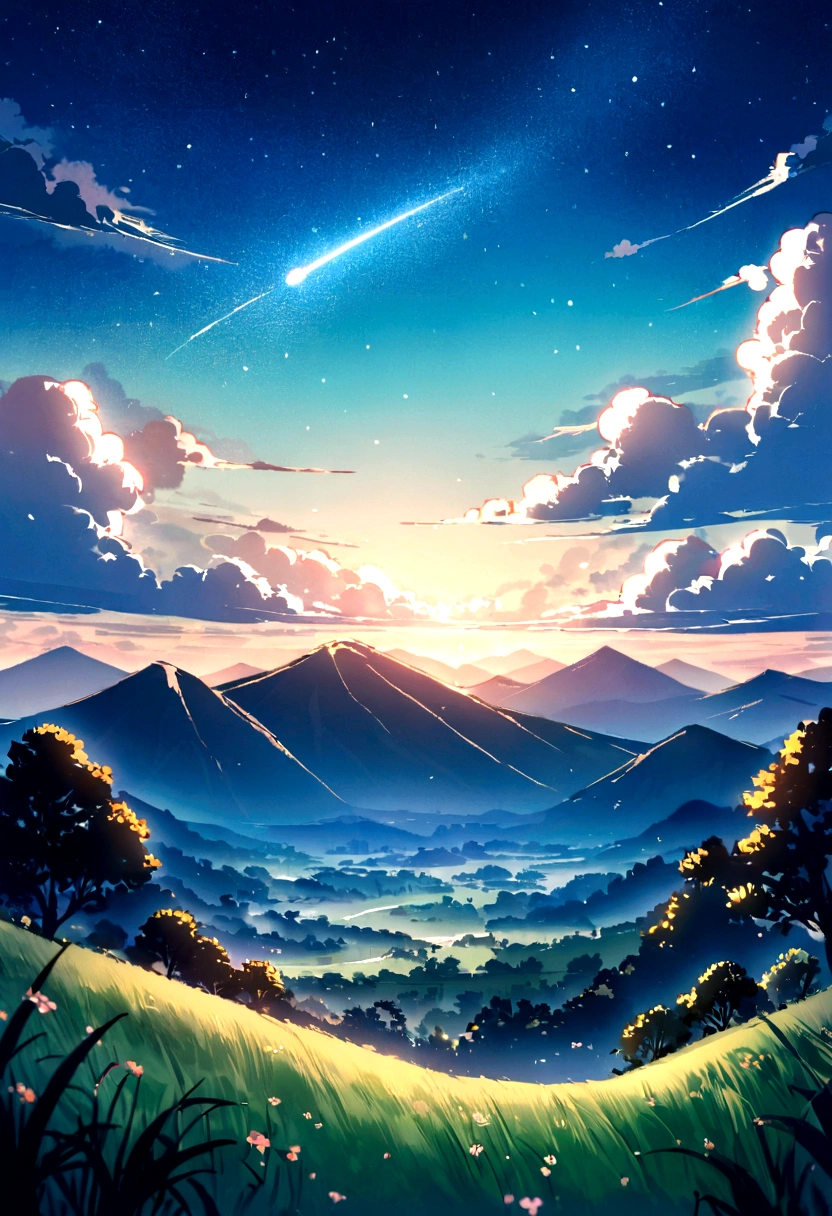 Wide sky: Show the vast night sky, Make sure stars and meteors take up most of the composition., Dynamic meteors: Capture the movement and energy of meteors in the sky, creating a sense of movement and wonder., idyllic setting: Consider adding tranquil landscaping, mountain in the distance々e águas calms, etc.., Aumenta a sensação de paz e tranquillity. Uma illustration de uma cena noturna, blue color sky #052034 and details of the scene in pink #C86361, tranquillity, calm, relaxation, paisaje, illustration