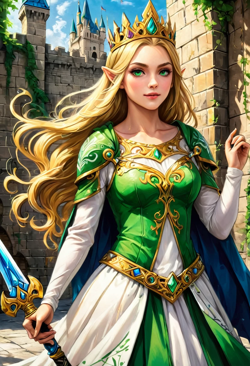 a graffiti painting art on the wall of the castle of Princess Zelda on the wall of a castle, ,Princess Zelda (intense details, Masterpiece, best quality: 1.5), wearing intricate green dress, delicate diamond crown, ultra detailed face, ultra feminine, fair skin, exquisite beauty, gold hair, long hair, wavy hair, small pointed ears, dynamic eyes color, wearing heavy green and white armor, shinning metal, armed with elven sword, ais-graffiti, chumbasket art style, graffiti art