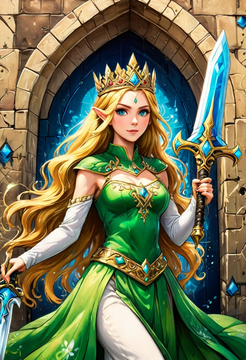 a graffiti painting art on the wall of the castle of Princess Zelda on the wall of a castle, ,Princess Zelda (intense details, Masterpiece, best quality: 1.5), wearing intricate green dress, delicate diamond crown, ultra detailed face, ultra feminine, fair skin, exquisite beauty, gold hair, long hair, wavy hair, small pointed ears, dynamic eyes color, wearing heavy green and white armor, shinning metal, armed with elven sword, ais-graffiti, chumbasket art style, graffiti art