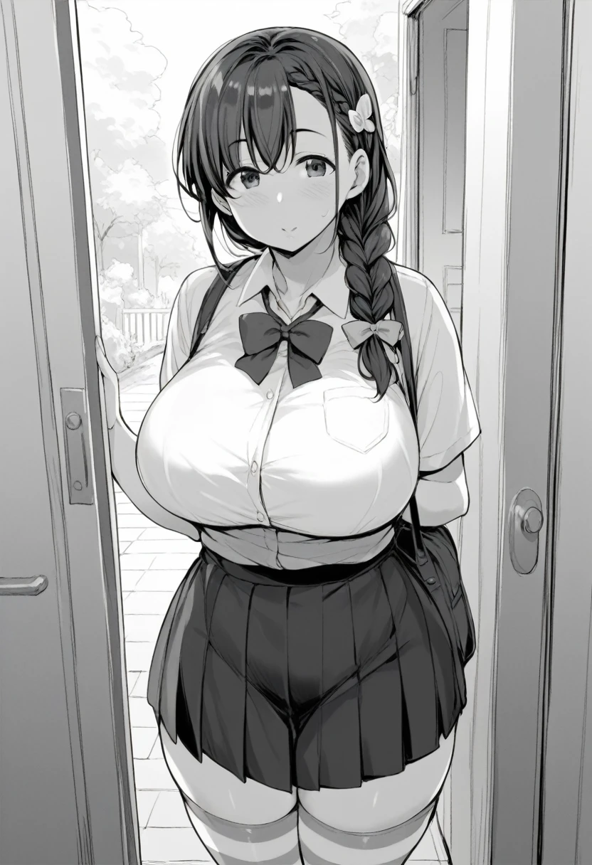 nanao yukiji style, greyscale, manga, 1girl, solo, cute girl, brown hair, twin braid hair, hair ornament, hair ribbon, school skirt, large breasts, wide hips, striped stockings, viewed from front, doorway of livingroom