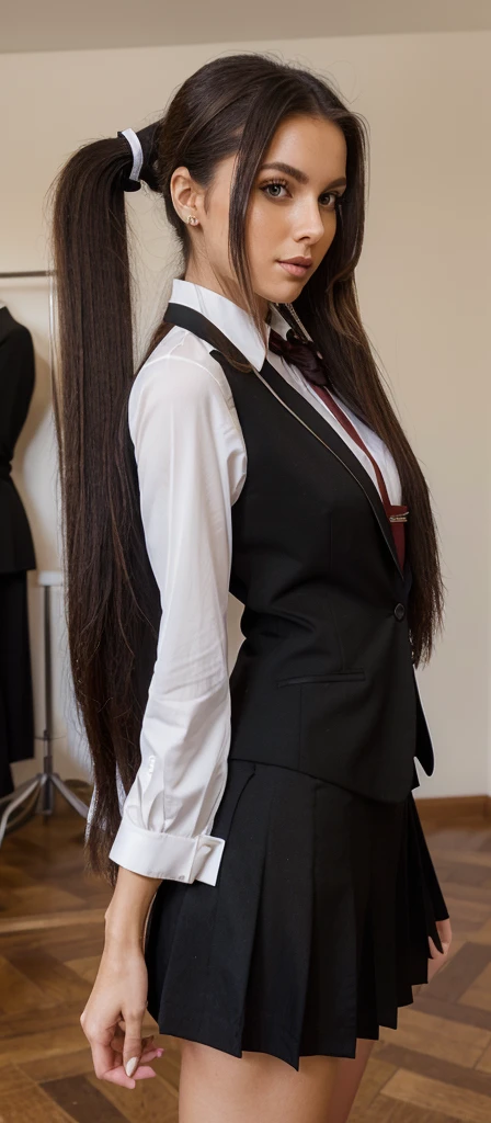 A realistic photo of beautiful and elegant italian business woman with school girl uniform black skirt suit, light makeup, long straight brown high straight ponytail hair , high quality, very detailed, perfect fit,