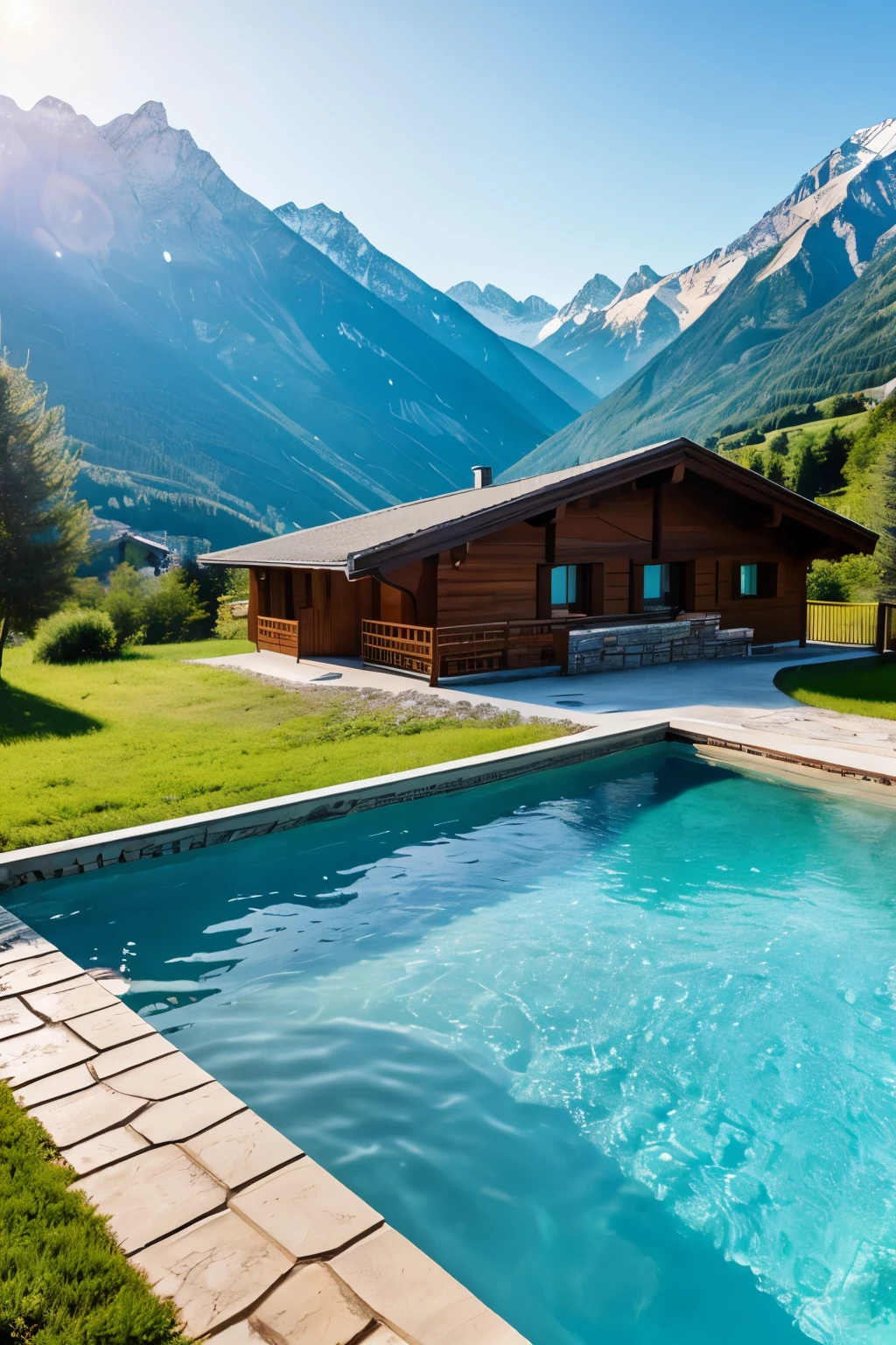 A house in the mountainous alps with a beautiful view, and with a natural pool running water and an alligator in the pool coming to meet me