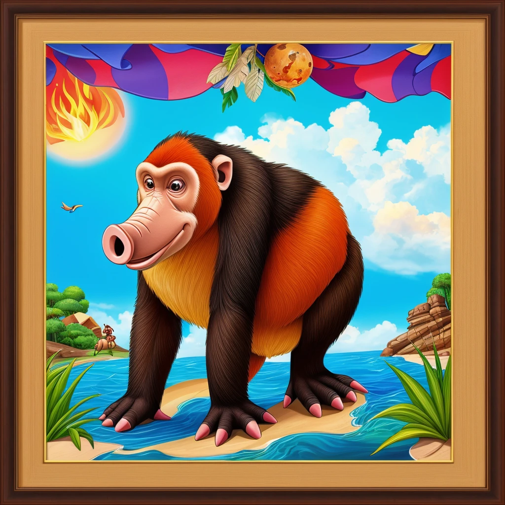 Real photography, unique composition that mixes and brings together in an almost surreal drawing four different types of animals in a single body of a Pig, tail of a Toucan, head of a Howler monkey, arms and legs of a Crab. There is a frame in the image that refers to the 2D image drawn by lines that become wind and water and fire and earth at the base, with a transparent background