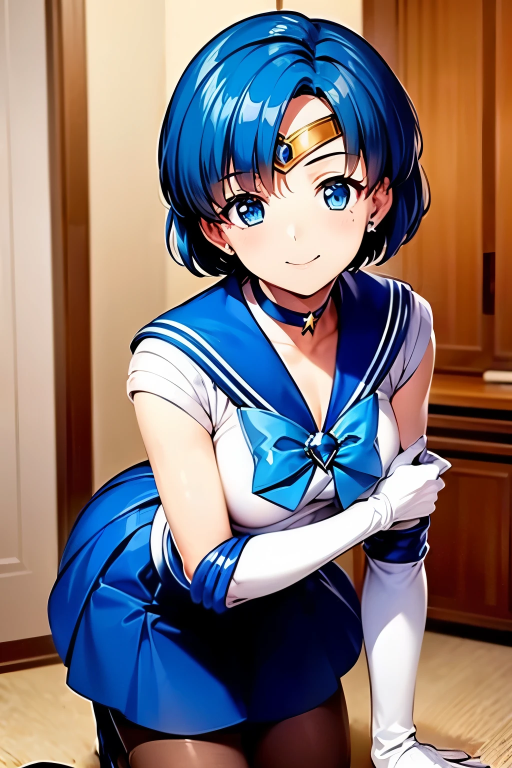 Highest quality, (masterpiece:1.2), Very detailed,
One girl, alone,
View your viewers, smile, Medium chest,
Water Eye, Blue Hair, short hair、Permed hair、((pantyhose))、Bedroom、((Sailor Mercury))、((Long gloveini skirt)、((Knee-high boots))、(Kneeling)