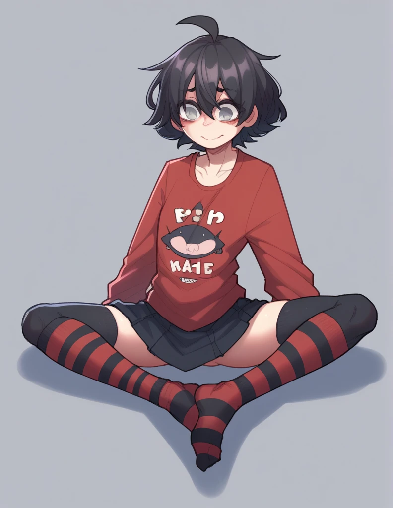 1 girl, alone, ppka, black fur, short hair, messy fur, Ahoge, parts, parts por todo el cuerpo, grey eyes, empty eyes, blind, nervous, slight smile, cute look,
black t-shirt, wide shirt, Fajada shirt, Skirt, Skirt roja, Skirt roja con rayas negras, lycra sleeves, long sleeves, sleeves under the shirt, red sleeves with black stripes, long socks, Thigh High Stockings, black stockings,
sticking out the back a little, slightly flexible position