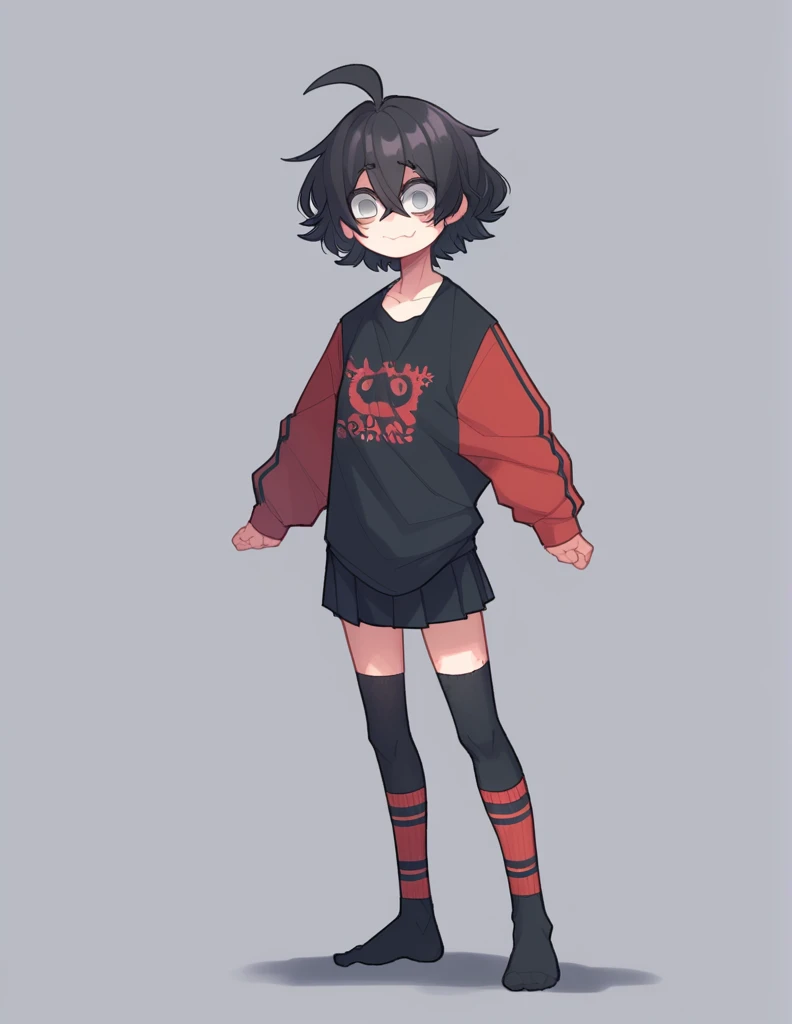 1 girl, alone, ppka, black fur, short hair, messy fur, Ahoge, parts, parts por todo el cuerpo, grey eyes, empty eyes, blind, nervous, slight smile, cute look,
black t-shirt, wide shirt, Fajada shirt, Skirt, Skirt roja, Skirt roja con rayas negras, lycra sleeves, long sleeves, sleeves under the shirt, red sleeves with black stripes, long socks, Thigh High Stockings, black stockings,
sticking out the back a little, slightly flexible position