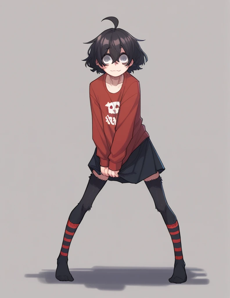 1 girl, alone, ppka, black fur, short hair, messy fur, Ahoge, parts, parts por todo el cuerpo, grey eyes, empty eyes, blind, nervous, slight smile, cute look,
black t-shirt, wide shirt, Fajada shirt, Skirt, Skirt roja, Skirt roja con rayas negras, lycra sleeves, long sleeves, sleeves under the shirt, red sleeves with black stripes, long socks, Thigh High Stockings, black stockings,
sticking out the back a little, slightly flexible position