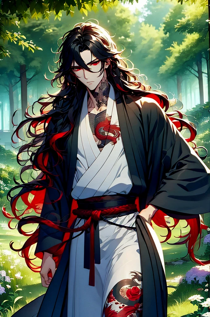 illustration, mo dao zu shi, solo, 1 man, lonely, black and red wavy long hair, red beautiful eyes, detailed eyes, perfect eyes, muscular body, wearing hanfu, Chinese male hanfu, folk costume, tattooed neck, detailed snake neck tattoo, Manga drawn by Kentaro Miura, wild style, full body shot, luxurious scenery, AImanhwa style, masterpiece, UHD , awrad award-winning design, Artstation, sharp image, high definition, rich in detail, detailed, (ultra detailed), (illustration) , (masterpiece :1.2),(best quality:1.2)