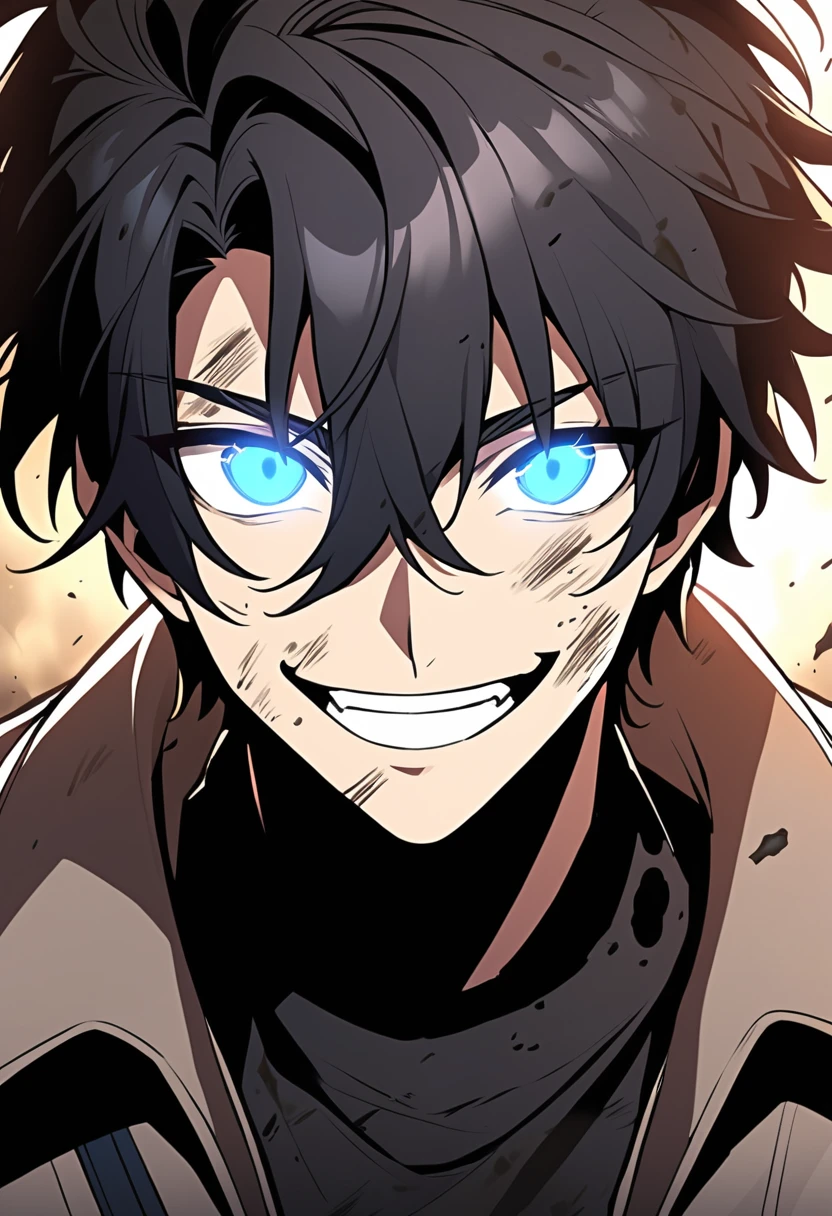 fantasy-style, solo, looking at viewer, smile, open mouth, short hair, blue eyes, shirt, black hair, 1boy, gloves, hair between eyes, jacket, upper body, male focus, teeth, black gloves, black shirt, glowing, messy hair, glowing eyes, dirty, dirty face