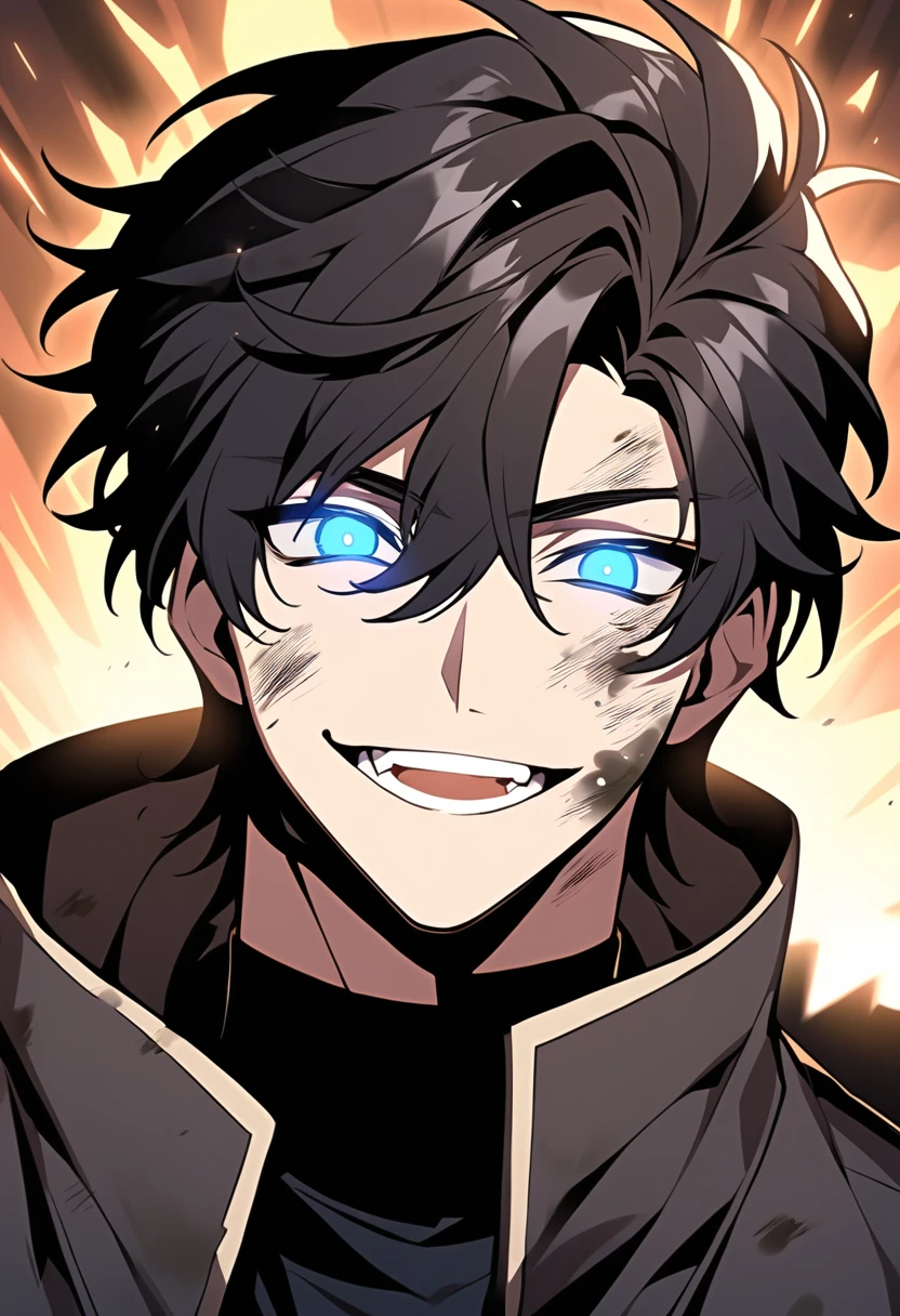 fantasy-style, solo, looking at viewer, smile, open mouth, short hair, blue eyes, shirt, black hair, 1boy, gloves, hair between eyes, jacket, upper body, male focus, teeth, black gloves, black shirt, glowing, messy hair, glowing eyes, dirty, dirty face