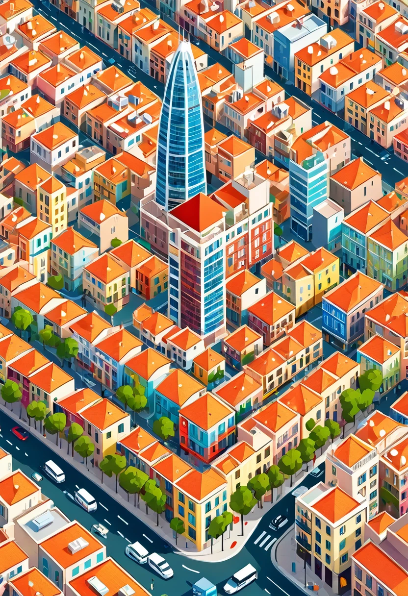 city flat illustration, Barcelona, portugal, colorful tones, highly detailed cleanliness, imagem vectorial, photorealistic masterpiece, professional photograpy, plain white background, isometric, Vibrant, vector