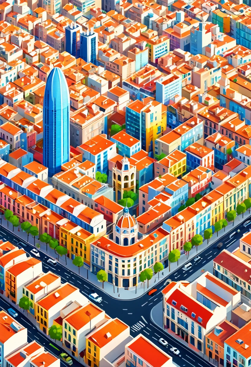 city flat illustration, Barcelona, portugal,  colorful tones, highly detailed cleanliness, imagem vectorial, photorealistic masterpiece, professional photograpy, plain white background, isometric, Vibrant, vector