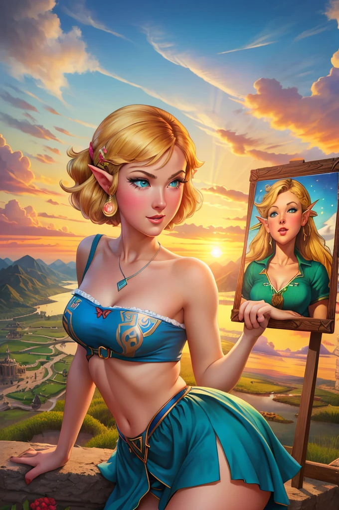 The Legend of Zelda, Russia Romantic promenade, Evening sunset, Soviet satirical poster , in the style of Pin Up, higly detailed, Complicated details, Gil Elvgren's style, Artgerm and Gil Elvgren,Colorful pin-up art, Gill Elvgren, [(realist in the style of David Barnett · Newton Hellmuth · Yuriy Arkurs ), vintage, 50 mm]