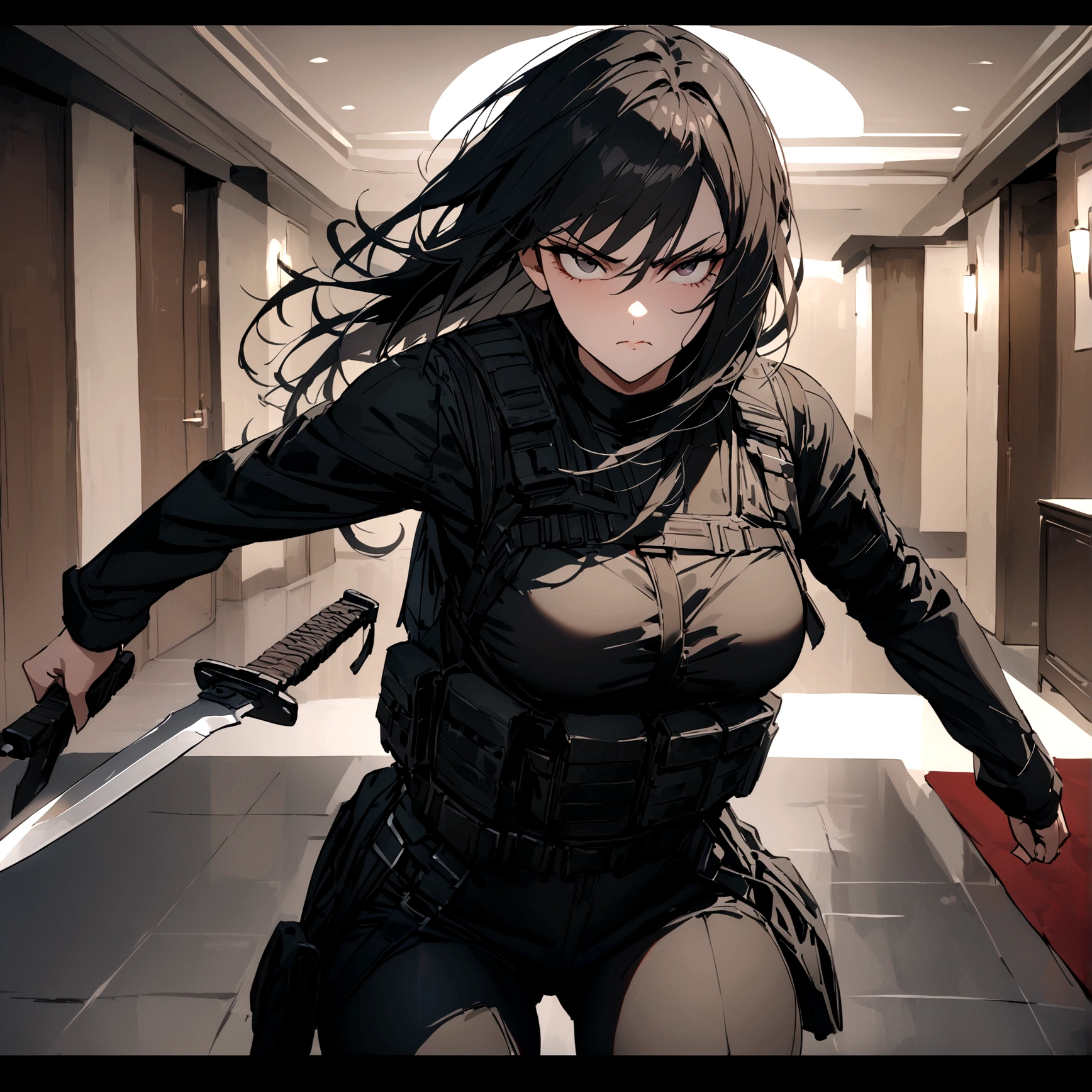woman with a black outfit and tactical vest, serious face, 4k, assassin women, knife, (8k, best quality, masterpiece: 1.2), ultra-detailed, dynamic, hotel hall, action