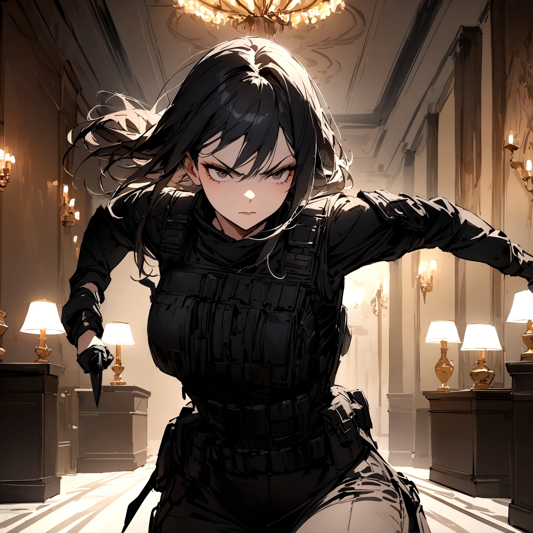 woman with a black outfit and tactical vest, serious face, 4k, assassin women, knife, (8k, best quality, masterpiece: 1.2), ultra-detailed, dynamic, hotel hall, action