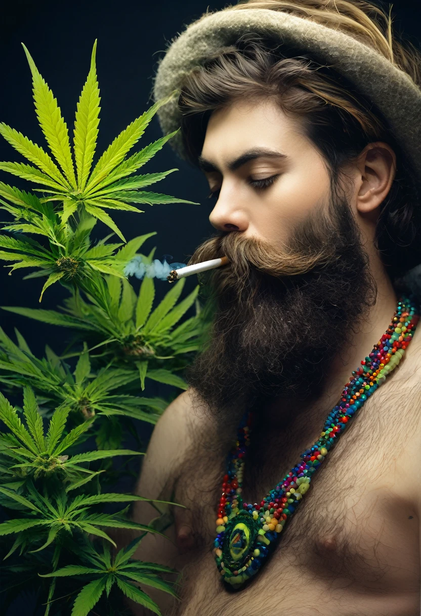 bearded woman, hirsute hairy body, smokes cannabis and is stoned