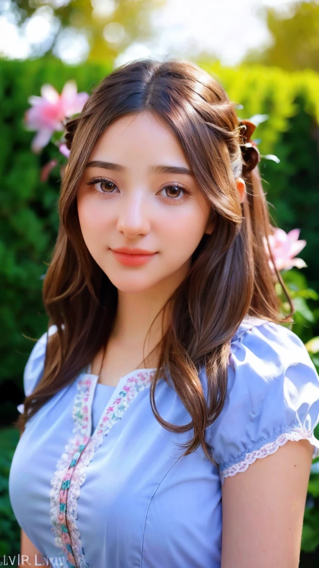 a girl in a garden, medium: digital art, beautiful detailed eyes, beautiful detailed lips, extremely detailed eyes and face, long eyelashes, detailed face, elegant female pose, hip up, head down, serene expression, realistic, photorealistic, photo-realistic:1.37, best quality,4k,8k,highres,masterpiece:1.2,ultra-detailed,vivid colors, warm lighting, soft focus, ethereal, fantasy