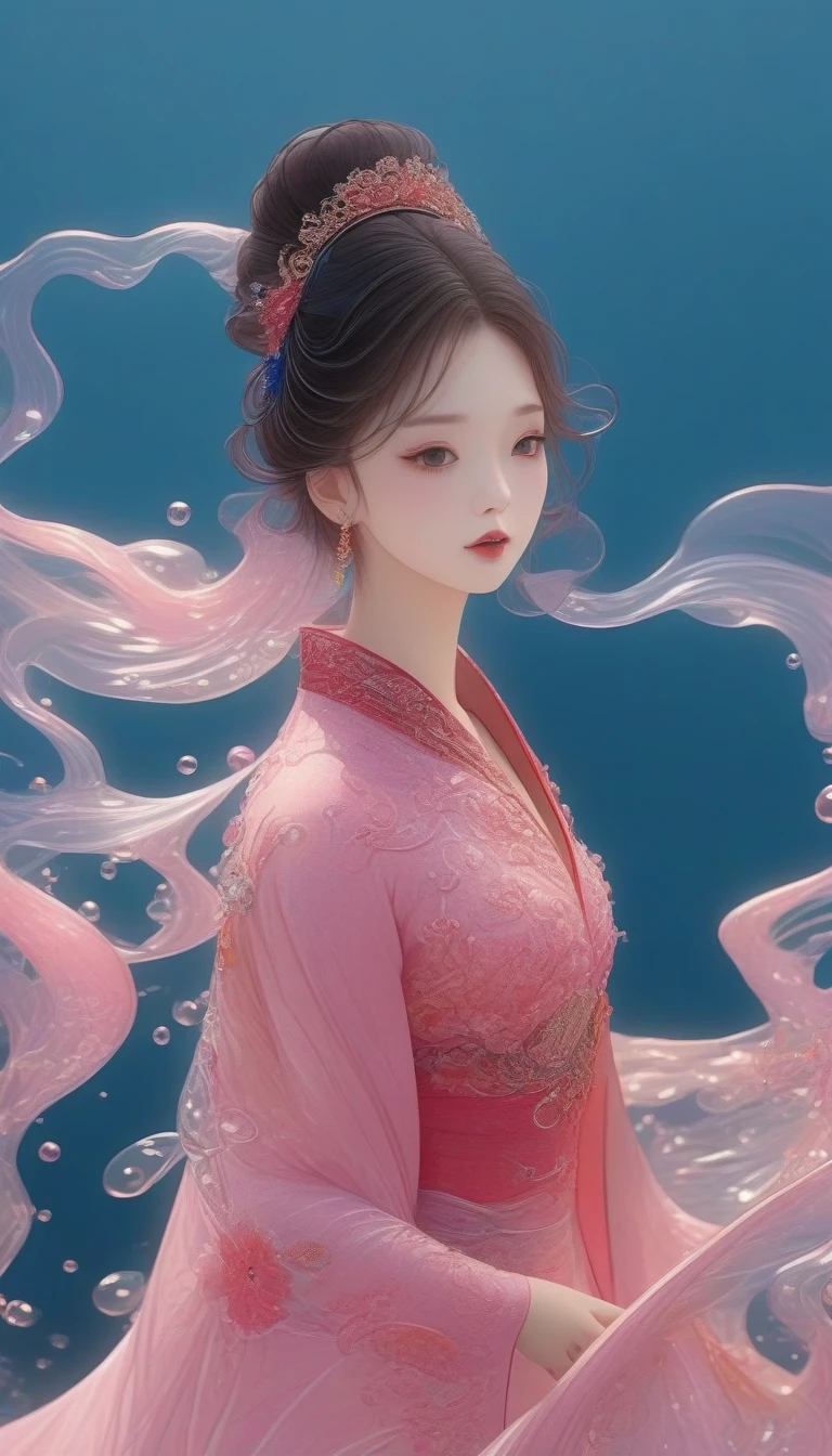 1 Girl, Solitary, Under the Deep Sea, Beautiful Inner Glow；Wearing pink Chinese clothing，Fairy the same，underwater dance；dancer；pink water，金色的bubble； Deep Shadows, Extraordinary details, bubble, spark, Sun streaks, seabed, dark, whole body, swirl, Blu-ray, Embed:Average runoff, masterpiece, high quality, 4K