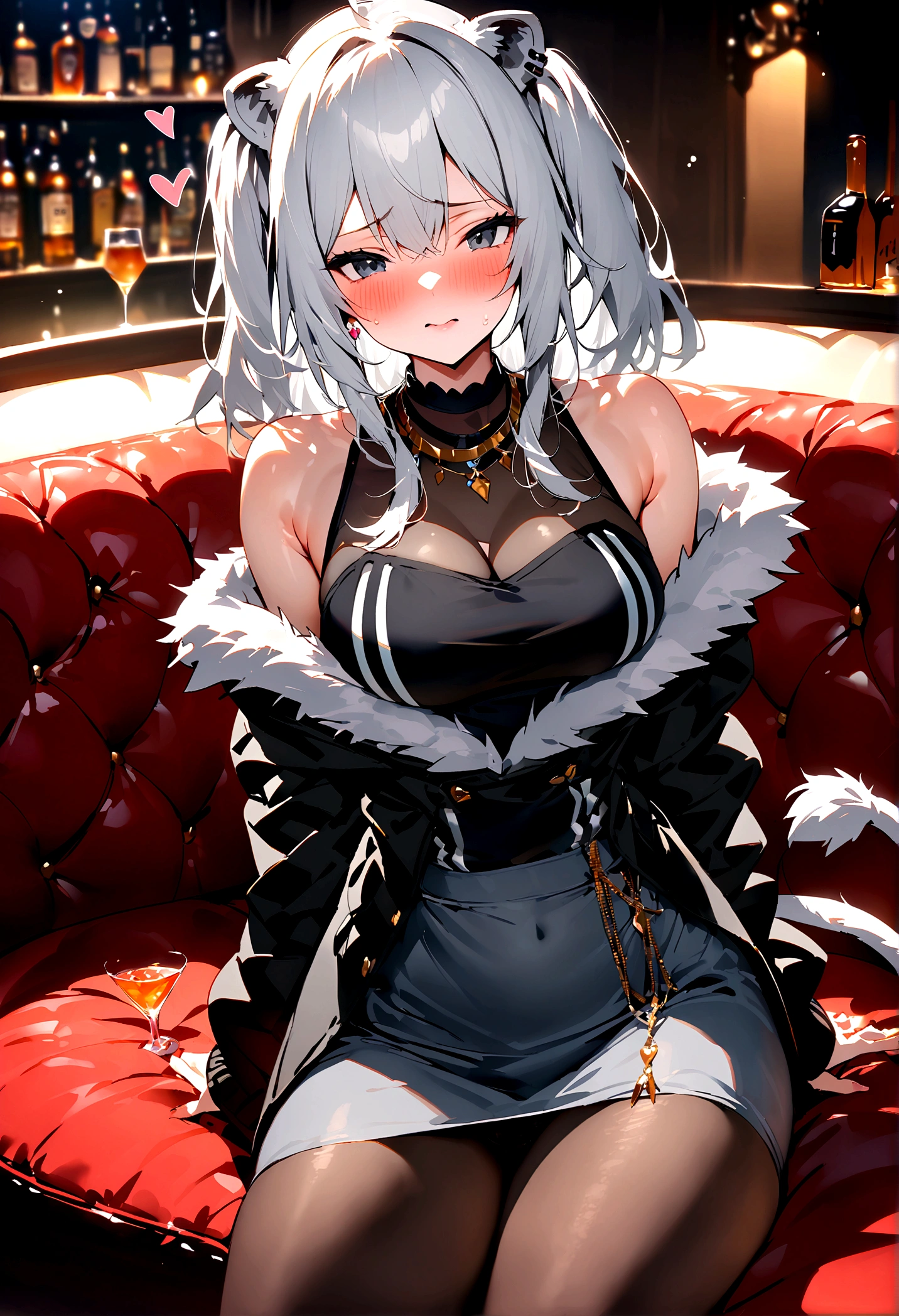 NSFW,masterpiece,Highest quality,High resolution,Super detailed,Shishirabotan\(Hololive\),Long Hair、Two Side Up、Earrings、Lion&#39;s Tail,necklace、Black Shirt、Sleeveless shirt、abdomen、See-through、Grey Skirt、片足pantyhose、pantyhose、fur-trimmed jacket、Black jacket、Off the shoulder,Black sexy panties,Embarrassed,blush,Luxurious Room,pub,Private room,sofa,Cocktail Glass,(Drunk),(Intoxication),Sitting,heart,Sexy pose,Panty shot,(Strong-faced men),男性が隣にSitting,A man puts his hands on her waist and hugs her,to kiss