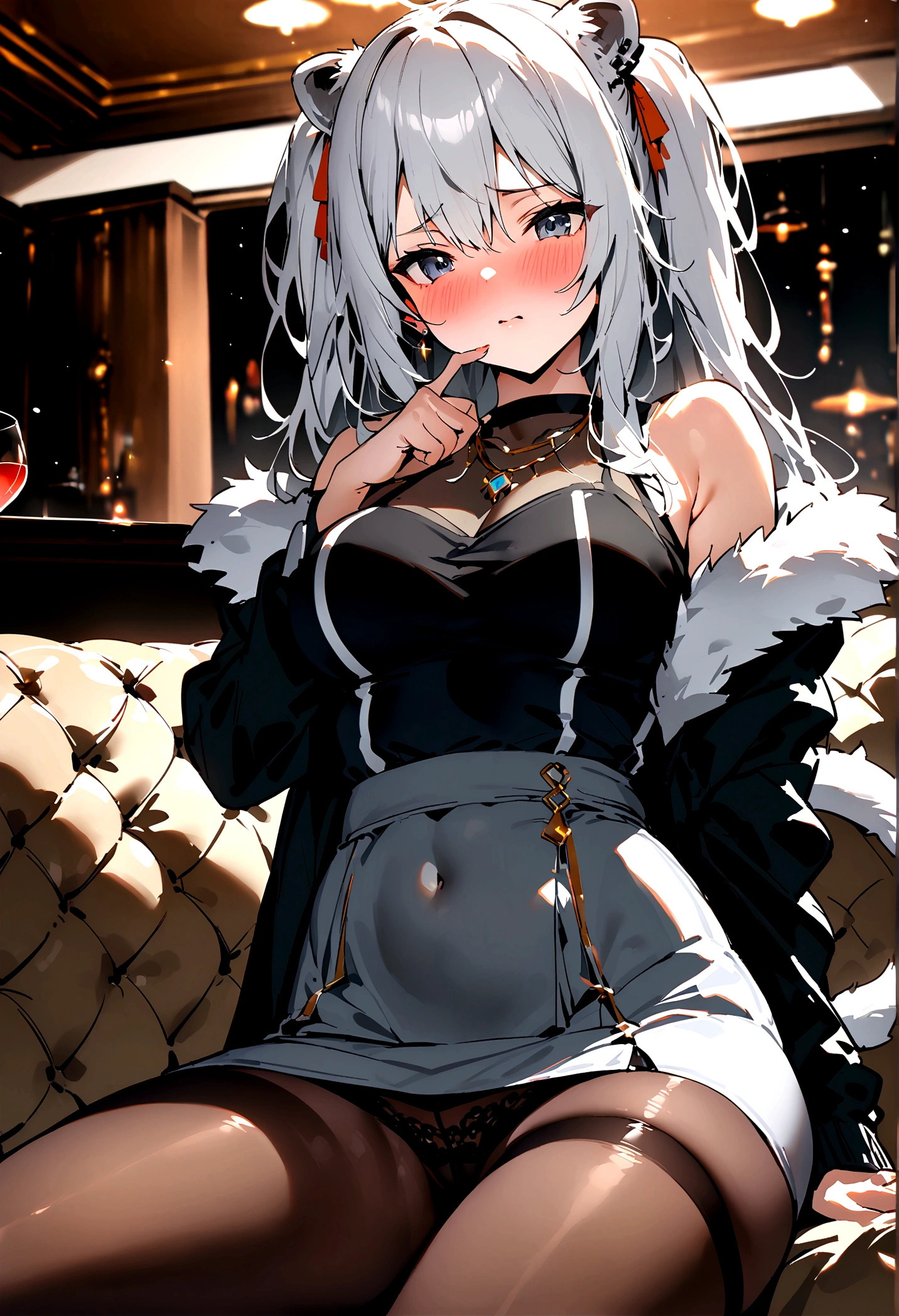 NSFW,masterpiece,Highest quality,High resolution,Super detailed,Shishirabotan\(Hololive\),Long Hair、Two Side Up、Earrings、Lion's Tail,necklace、Black Shirt、Sleeveless shirt、abdomen、See-through、Grey Skirt、片足pantyhose、hose、fur-trimmed jacket、Black jacket、Off the shoulder,Black sexy ties,ssed,blush,Luxurious Room,pub,Private room,sofa,Cocktail Glass,nk),(Intoxication),Sitting,heart,Sexy pose,Panty shoStrong-facn),男性が隣にSitting,A man puts his hands on her waist and hugs her,to kiss