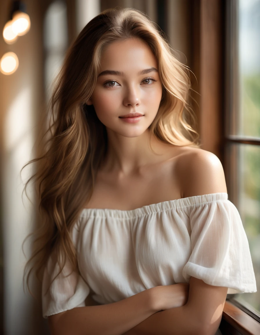 A young woman with long, flowing light brown hair poses gracefully. She has a natural, fresh-faced look with minimal makeup, highlighting her delicate features. She is wearing an off-shoulder white top, which complements her serene and elegant demeanor. The softly lit indoor background, featuring large windows and warm ambient lights, adds to the cozy and sophisticated atmosphere of the scene.