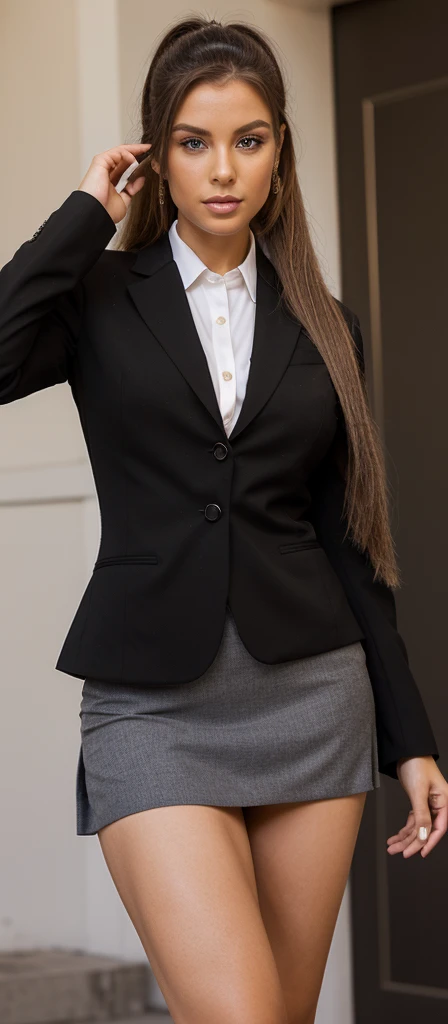 A realistic photo of beautiful and elegant italian business woman with school girl  black skirt suit, light makeup, long straight brown high straight ponytail hair , high quality, very detailed, perfect fit,