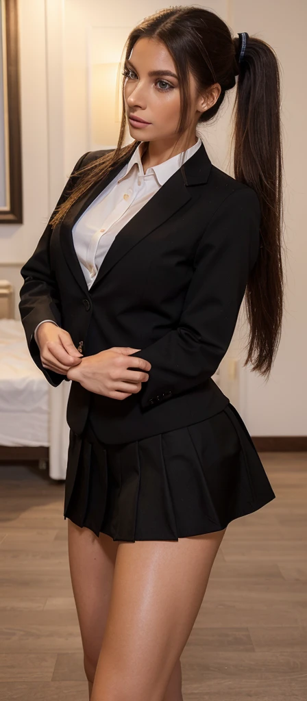 A realistic photo of beautiful and elegant italian business woman with school girl black skirt suit, light makeup, long straight brown high straight ponytail hair , high quality, very detailed, perfect fit,