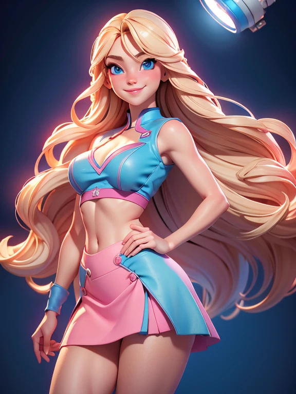 a woman with long blonde hair, blue eyes, with a sexy pink and blue cropped skirt, smiling, happy, cheerful, high definition, Ultra Quality hair, Ultra Quality face, Ultra Quality image, cinematic lights,,,, sensual and sexy pose (medium and exposed breasts).