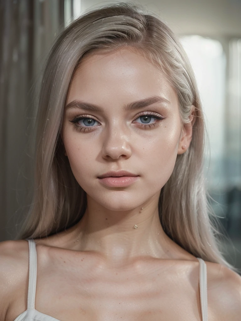 blond woman with blue eyes and white hair posing for a picture, perfect white haired girl, girl with white hair, pale hair, soft portrait shot 8 k, long blonde hair and big eyes, hyperrealistic female, blonde hair and large eyes, poppy, intense white hair,