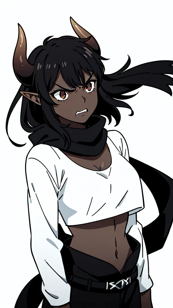 (1girl ,25s,adult,mature female),long hair, black hair,horns,elf ears,((black scarf)),cleavage,(((dark skin))),(black sports bra, midriff),(white background, line drawing),black long sleeves, upper body,looking at view,((angry)),closed mouth,from front,pov