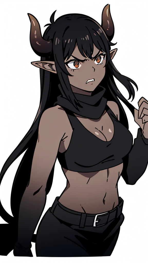 (1girl ,25s,adult,mature female),long hair, black hair,horns,elf ears,((black scarf)),cleavage,(((dark skin))),(black sports bra, midriff),(white background, line drawing),black long sleeves, upper body,looking at view,((angry)),closed mouth,from front,pov