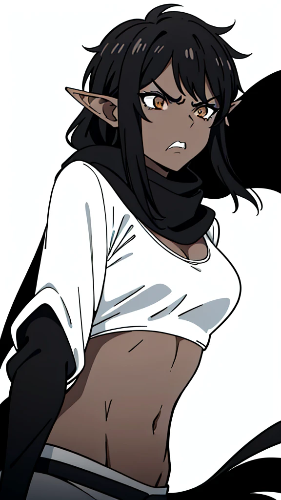 (1girl ,25s,adult,mature female),long hair, black hair,horns,elf ears,((black scarf)),cleavage,(((dark skin))),(black sports bra, midriff),(white background, line drawing),black long sleeves, upper body,looking at view,((angry)),closed mouth,from front,pov