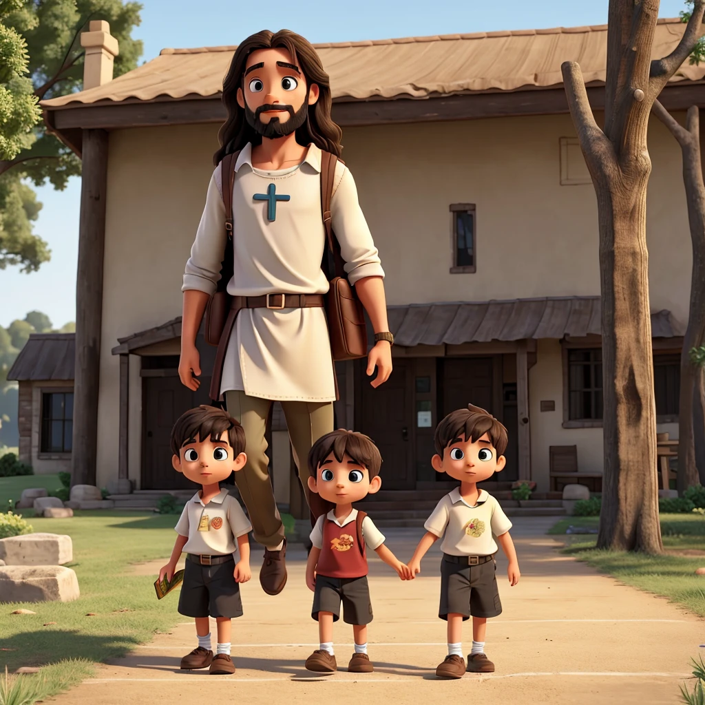 
1 man standing (jesus) with 2 children (Boy e girl) holding their bibles and walking 