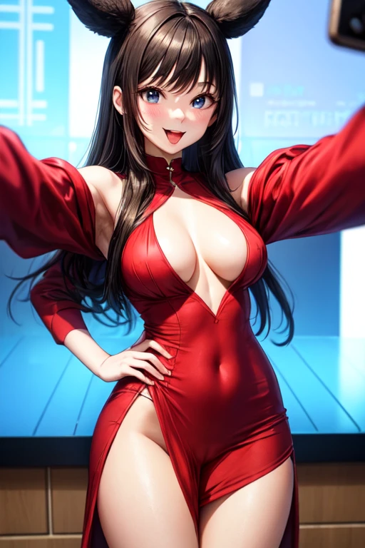 tall girl, with medium round tits, taking a selfie in a short party dress, looking towards the camera with a face sticking out its tongue, while he has a bulge in his crotch