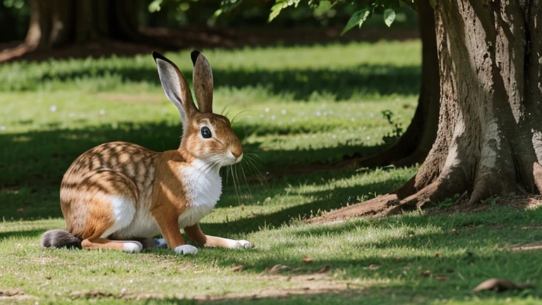 The hare finding a shady spot under a tree, preparing to take a nap.