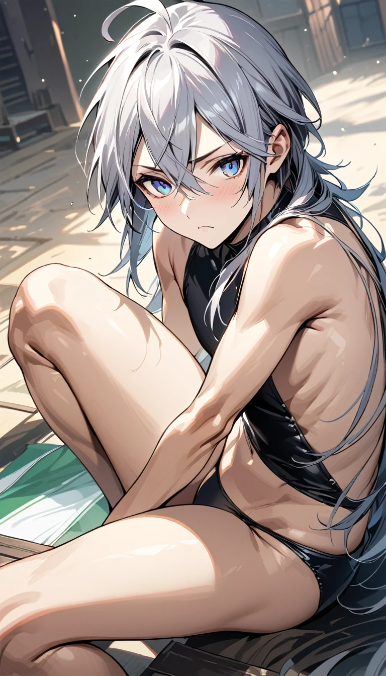 absurdres, highres, ultra detailed, super fine illustration, best quality, 1boy, perfect anatomy, male focus, solo, (dark-skinned:0.8) male, silver hair, long hair, black bikini, bare shoulders, bare arms, bare legs, <lora:_L2090:-0.6> <lora:flat:-0.2>