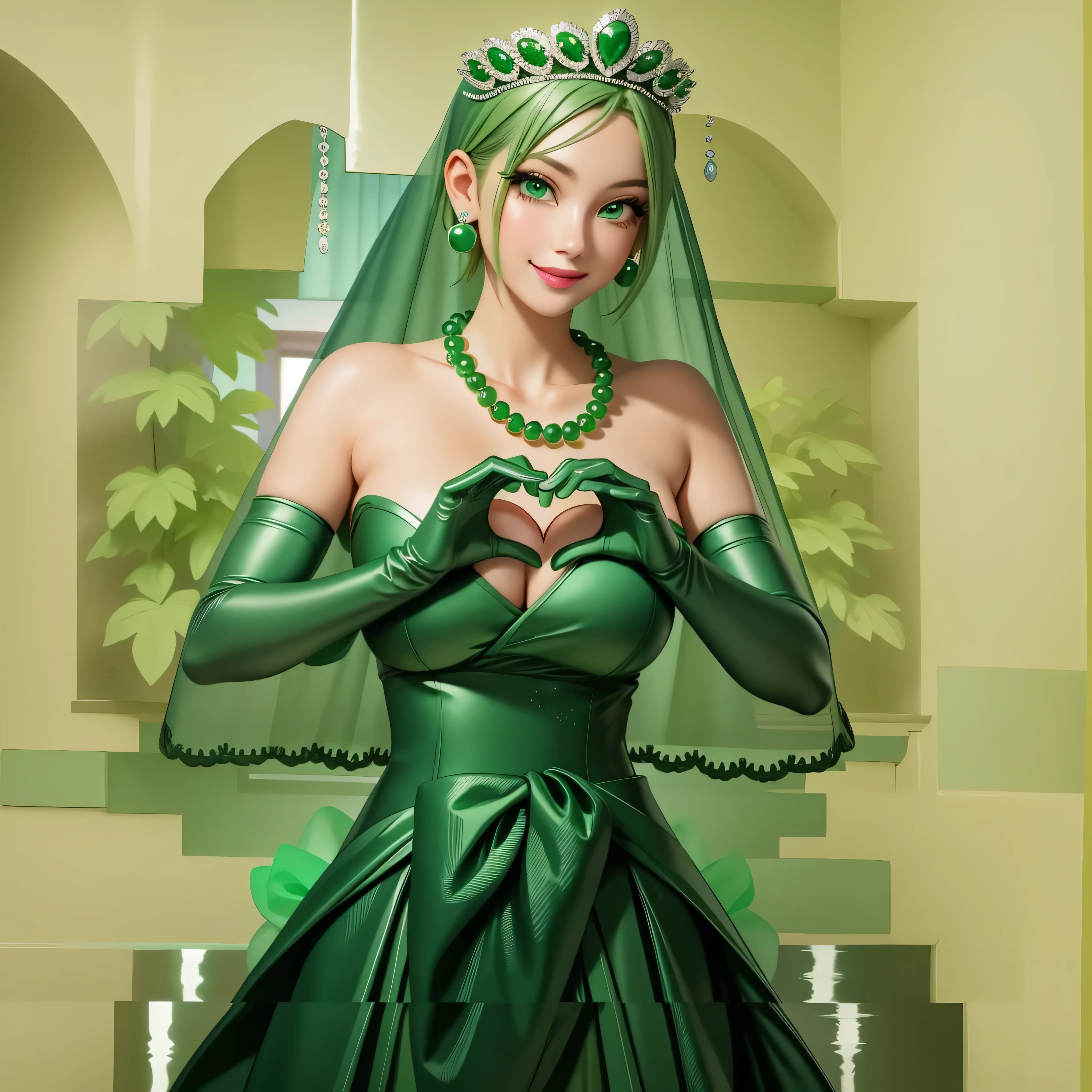 emerald tiara, Green Pearl Necklace, Boyish very short green hair, Green Lips, Smiling Japanese woman, Very short hair, Busty beautiful lady, Green Eyes, Green satin long gloves, Green Eyes, Emerald Earrings, Green veil, Heart with both hands, Green Hair, Beautiful Japanese Woman, Heart shaped hands:1.3, green lip gloss