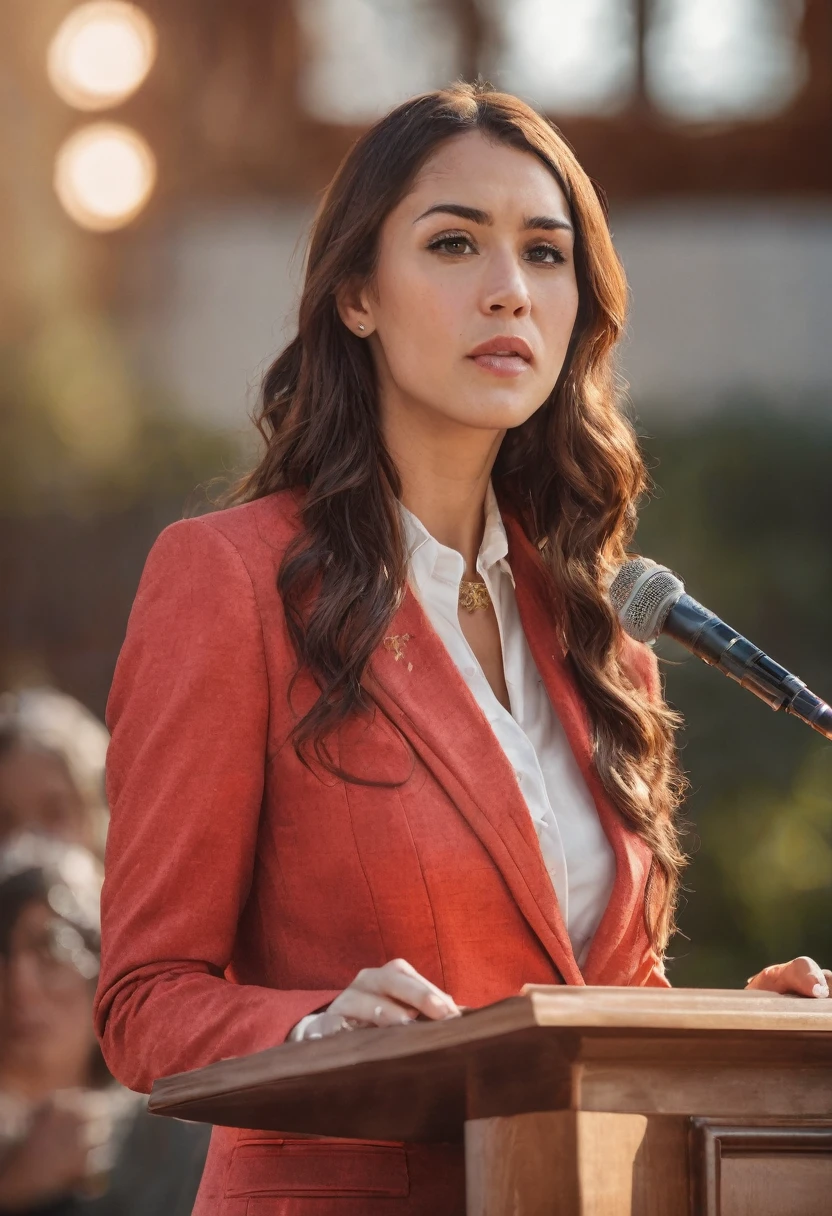 ((woman)), (30 year old), (long hair), (wearing reddish suit), (speech at a lectern), (bible on the pulpit), (modern protestant church background), (golden hour light), (photo realism), (hyper detailed), diffuse lighting, ((200mm lens)), (Slightly blurred background with bokeh effect)